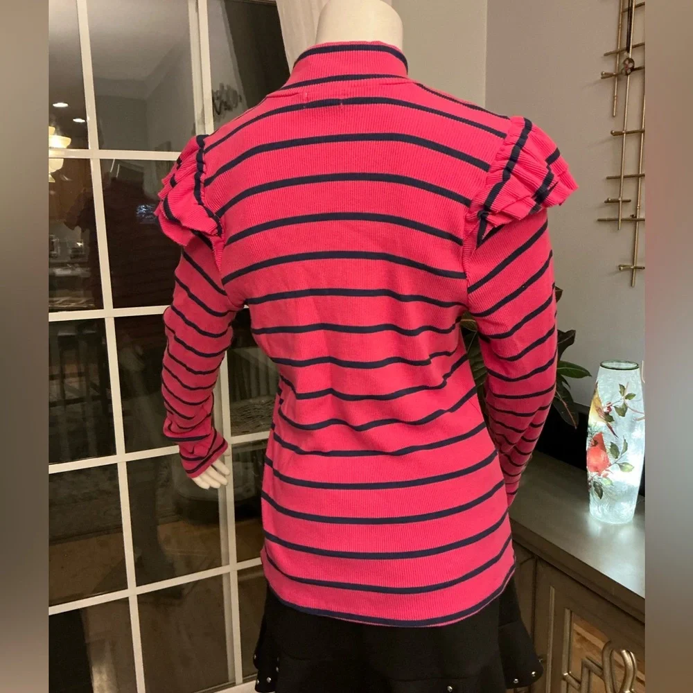 T.La Anthropologie Vibrant Pink Navy Stripe Ruffle Turtleneck Pullover Woman XL - Picture 4 of 11